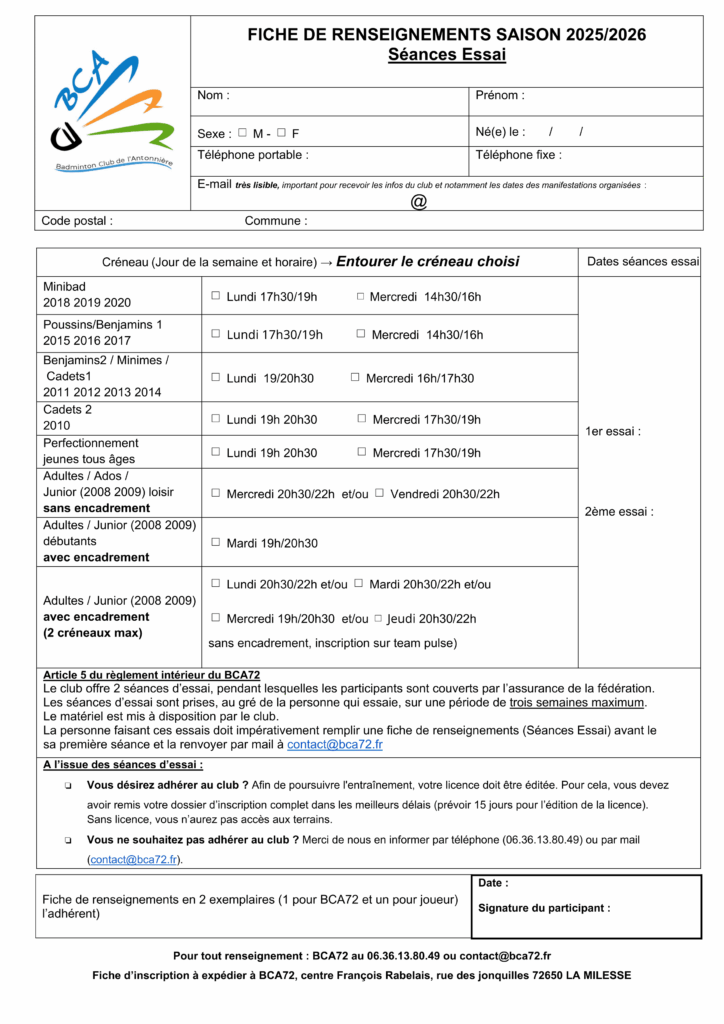 Séances Essai BCA72